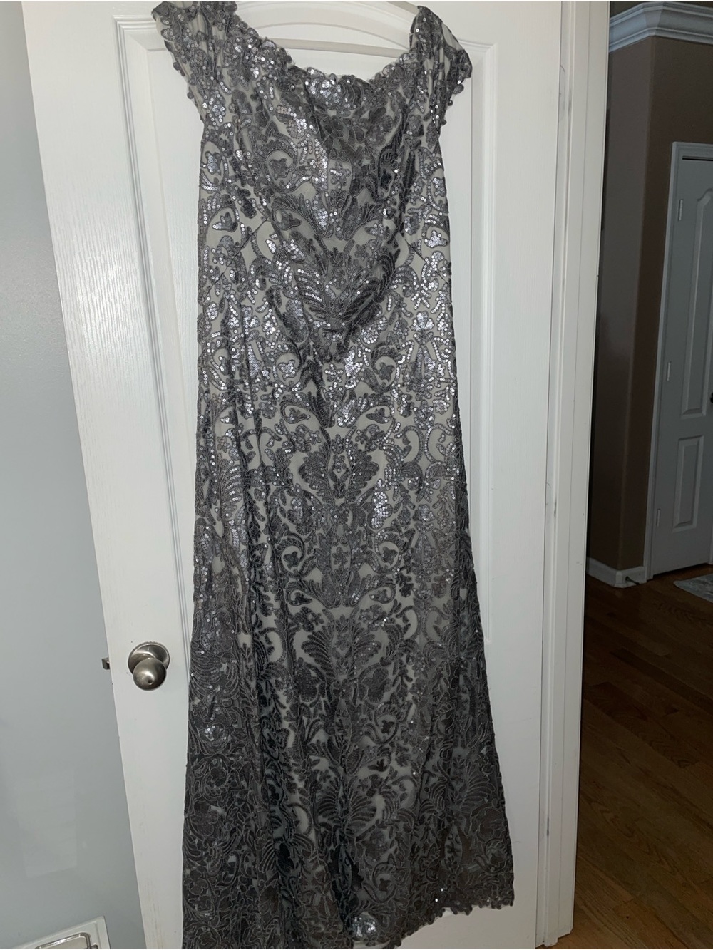 Tadashi Shoji Silver Lace Off-Shoulder Maxi Gown - Picture 3 of 8
